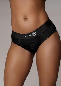 Ouch! Vibrating Strap-On High-Cut Brief with Rechargeable Bullet - M/L - Black