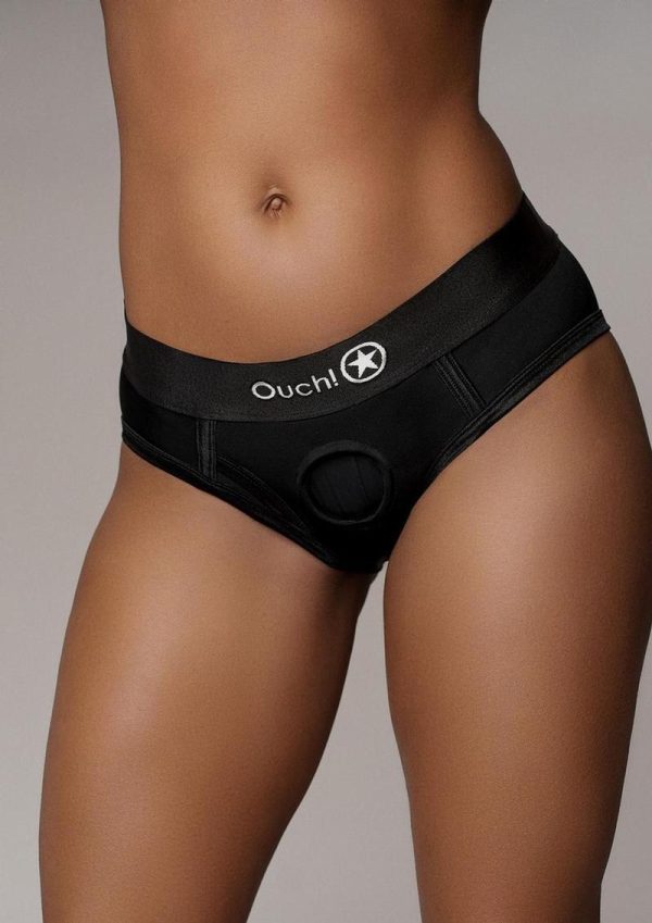 Ouch! Vibrating Strap-On High-Cut Brief with Rechargeable Bullet - M/L - Black
