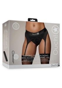 Ouch! Vibrating Strap-On Thong with Adjustable Garters with Rechargeable Bullet - M/L - Black