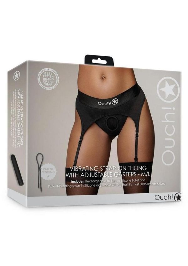 Ouch! Vibrating Strap-On Thong with Adjustable Garters with Rechargeable Bullet - M/L - Black