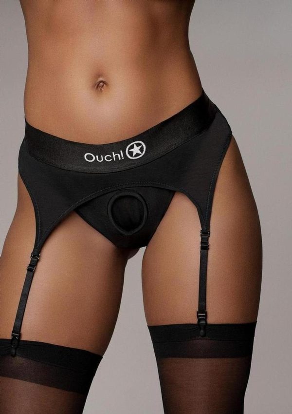 Ouch! Vibrating Strap-On Thong with Adjustable Garters with Rechargeable Bullet - M/L - Black