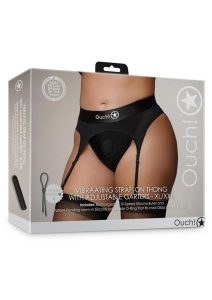 Ouch! Vibrating Strap-On Thong with Adjustable Garters with Rechargeable Bullet - XL/2XL - Black