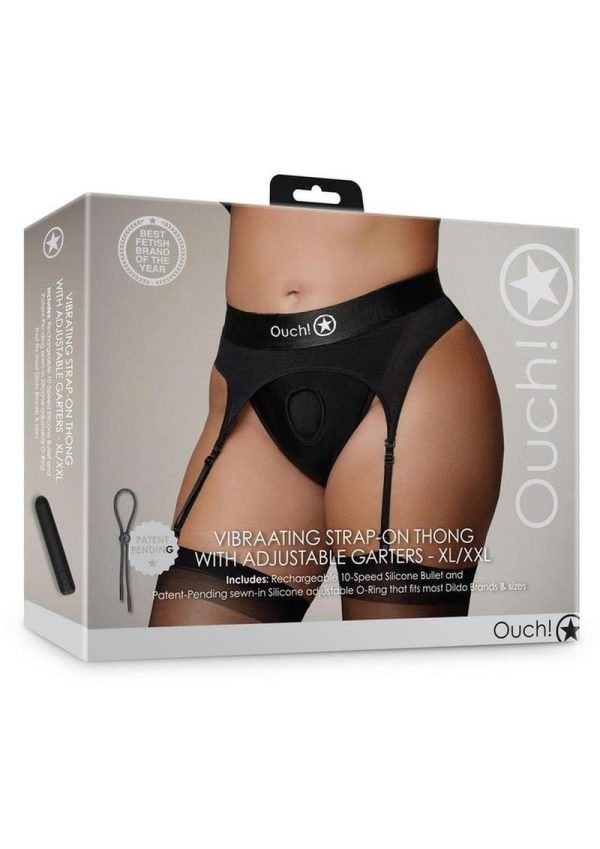 Ouch! Vibrating Strap-On Thong with Adjustable Garters with Rechargeable Bullet - XL/2XL - Black