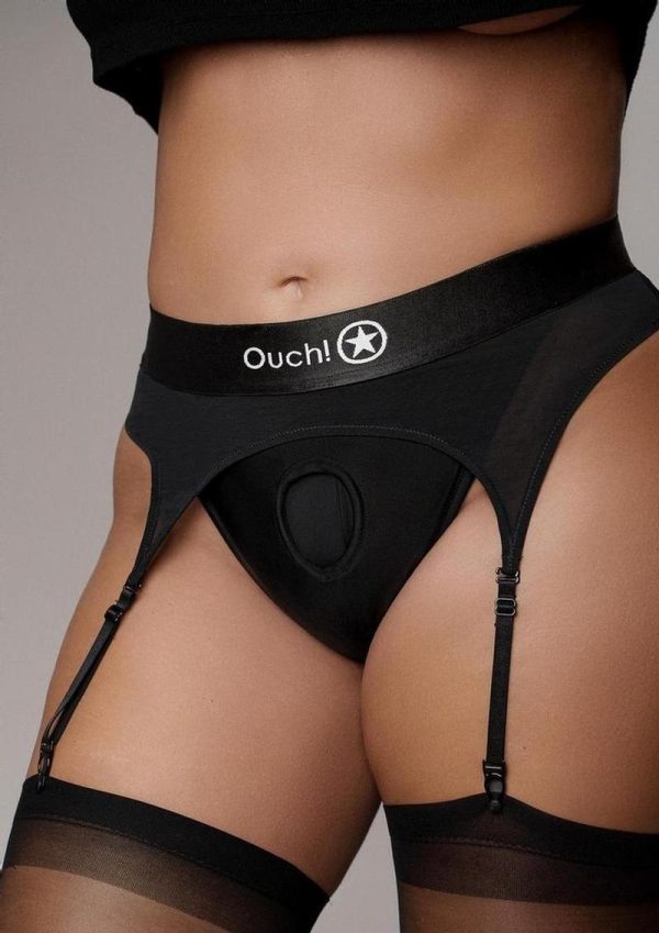 Ouch! Vibrating Strap-On Thong with Adjustable Garters with Rechargeable Bullet - XL/2XL - Black