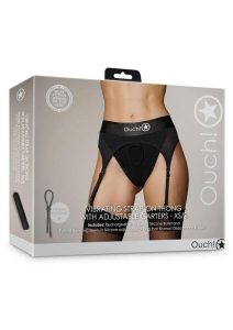Ouch! Vibrating Strap-On Thong with Adjustable Garters with Rechargeable Bullet - XS/SM - Black