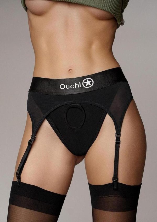 Ouch! Vibrating Strap-On Thong with Adjustable Garters with Rechargeable Bullet - XS/SM - Black