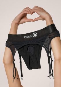 Ouch! Vibrating Strap-On Thong with Adjustable Garters with Rechargeable Bullet - XS/SM - Black