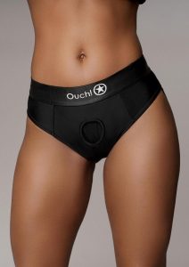 Ouch! Vibrating Strap-On Thong with Removable Butt Straps with Rechargeable Bullet - M/L - Black