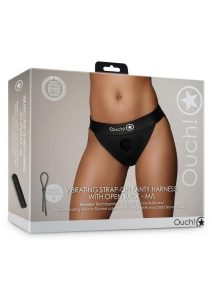 Ouch! Vibrating Strap-On Panty Harness with Open Back with Rechargeable Bullet - M/L - Black