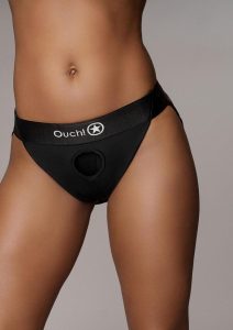Ouch! Vibrating Strap-On Panty Harness with Open Back with Rechargeable Bullet - M/L - Black
