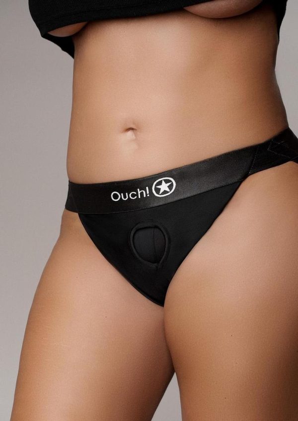 Ouch! Vibrating Strap-On Panty Harness with Open Back with Rechargeable Bullet - XL/2XL - Black