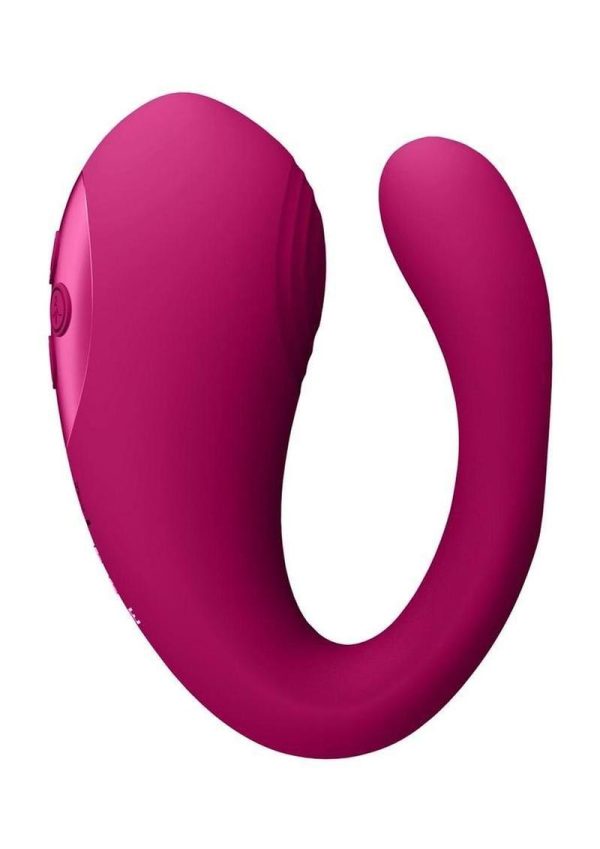 Vive YOKO Rechargeable Silicone Tripe Motor Dual Prongs with Clitoral Pulse Wave Vibrator - Pink