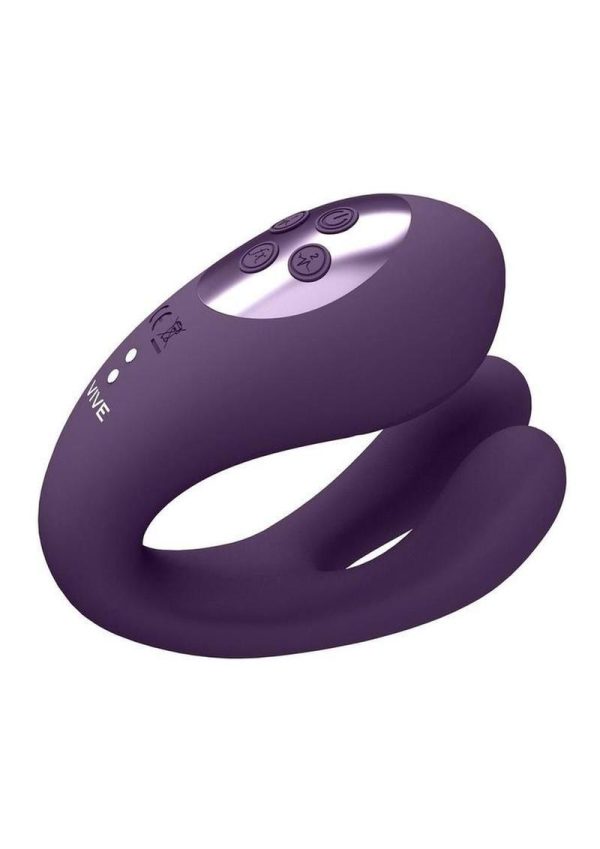 Vive YOKO Rechargeable Silicone Tripe Motor Dual Prongs with Clitoral Pulse Wave Vibrator - Purple
