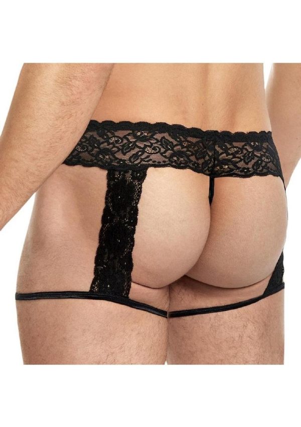 Lace King Men`s Lace and Mesh Garter Panty - Large/XLarge - Black