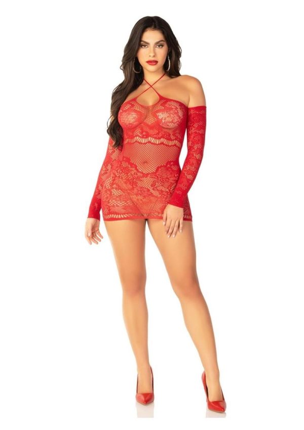 Leg Avenue Seamless Lace Net Off the Shoulder Mini Dress with Twist Halter Strap - OS - Red