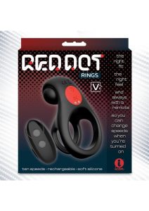 Red Dot Silicone Rechargeable Vibrating Cock Ring V2 with Remote Control - Black/Red