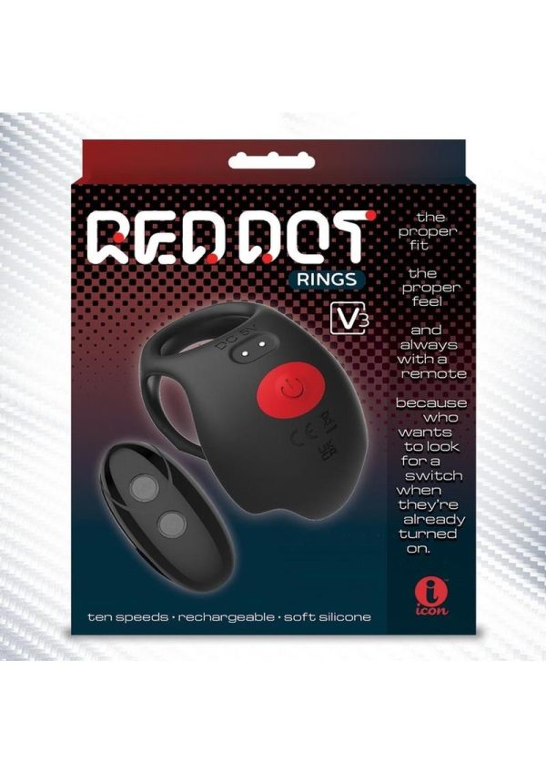 Red Dot Silicone Rechargeable Vibrating Cock Ring V3 with Remote Control - Black/Red
