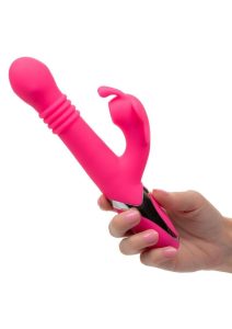 Enchanted Kissing Butterfly Rechargeable Silicone Thrusting and Rotating Vibrator with Clitoral Stimulator - Pink