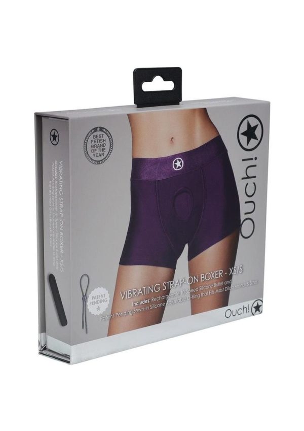 Ouch! Vibrating Strap-On Boxer with Rechargeable Bullet - XS/SM - Purple