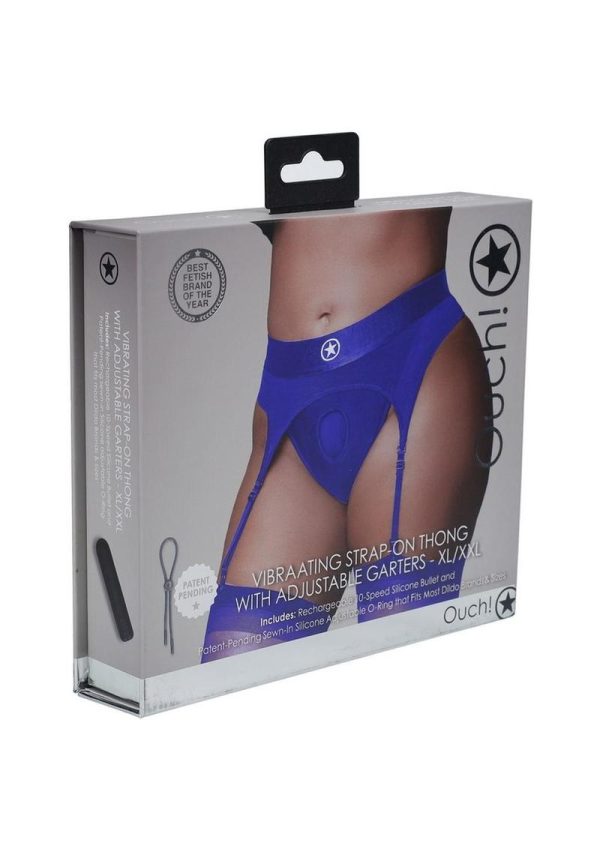 Ouch! Vibrating Strap-On Thong with Rechargeable Bullet - XL/2XL - Blue