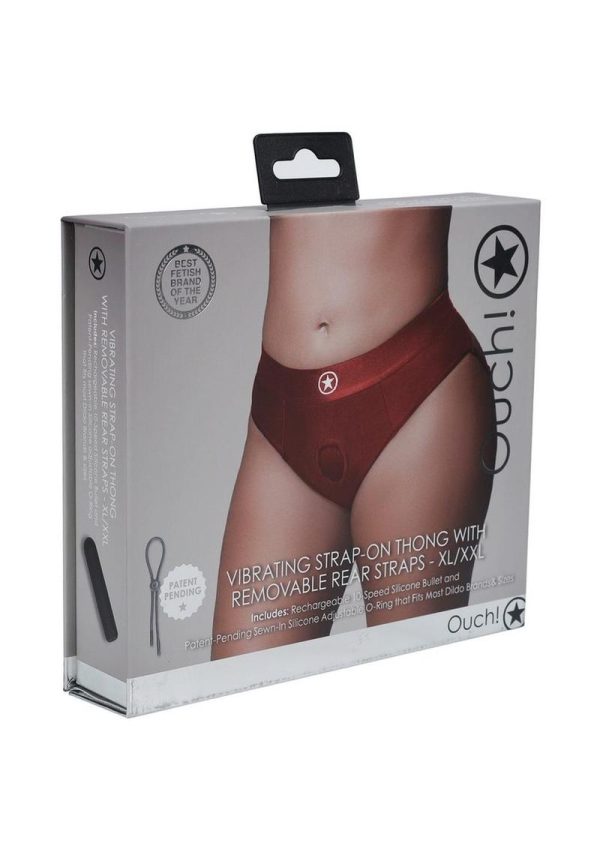 Ouch! Vibrating Strap-On Thong with Rechargeable Bullet - XL/2XL - Red