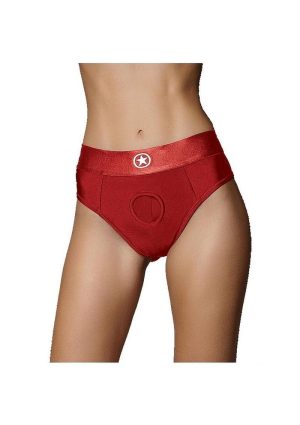 Ouch! Vibrating Strap-On Thong with Rechargeable Bullet - XS/SM - Red