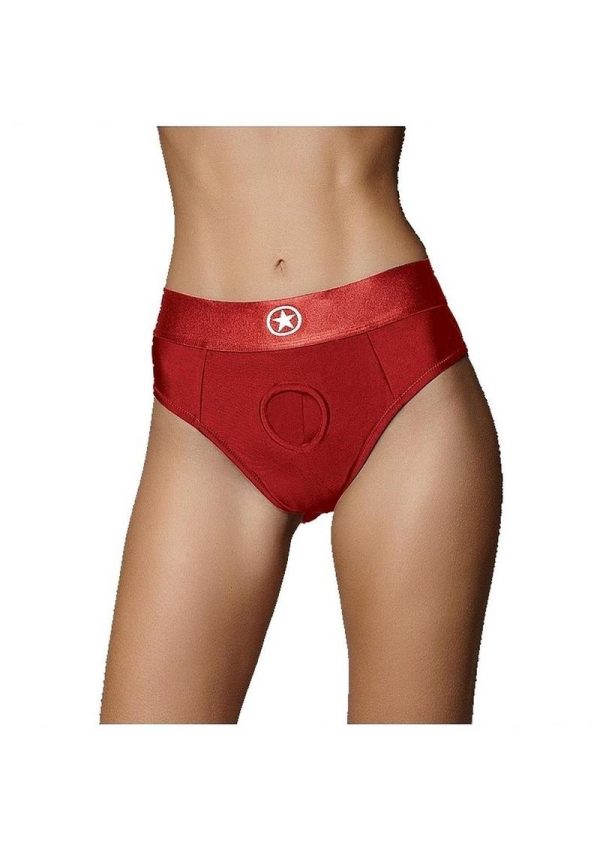 Ouch! Vibrating Strap-On Thong with Rechargeable Bullet - XS/SM - Red