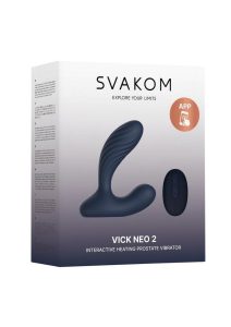 Svakom Vick Neo 2 App Compatible Rechargeable Silicone Warming Dual Stimulating Prostate Vibrator with Remote Control - Navy Blue/Gold