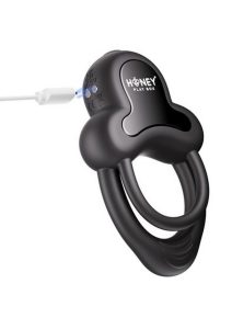 Anello App Control Vibrating Silicone Rechargeable Cock Ring with Clitoral Stimulator - Black