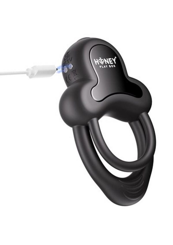 Anello App Control Vibrating Silicone Rechargeable Cock Ring with Clitoral Stimulator - Black