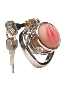 Master Series Pussy Boy Metal Chastity Cage Stainless Steel - Silver/Vanilla