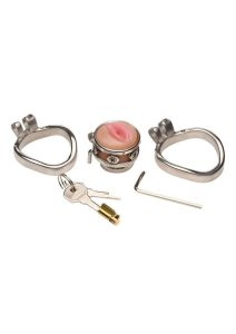 Master Series Pussy Boy Metal Chastity Cage Stainless Steel - Silver/Vanilla