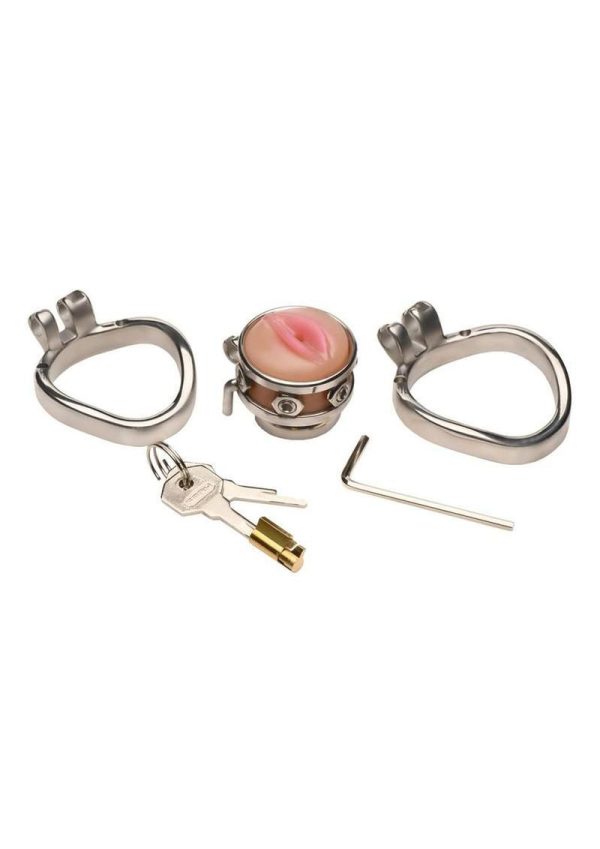 Master Series Pussy Boy Metal Chastity Cage Stainless Steel - Silver/Vanilla