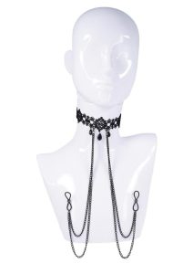 Sex and Mischief Lace Collar with Nipple Ties - Black